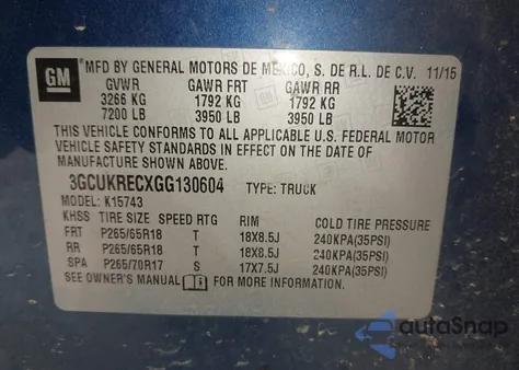 2016 Chevrolet Silverado 1500 2Lt from USA, damaged, VIN 3GCUKRECXGG130604